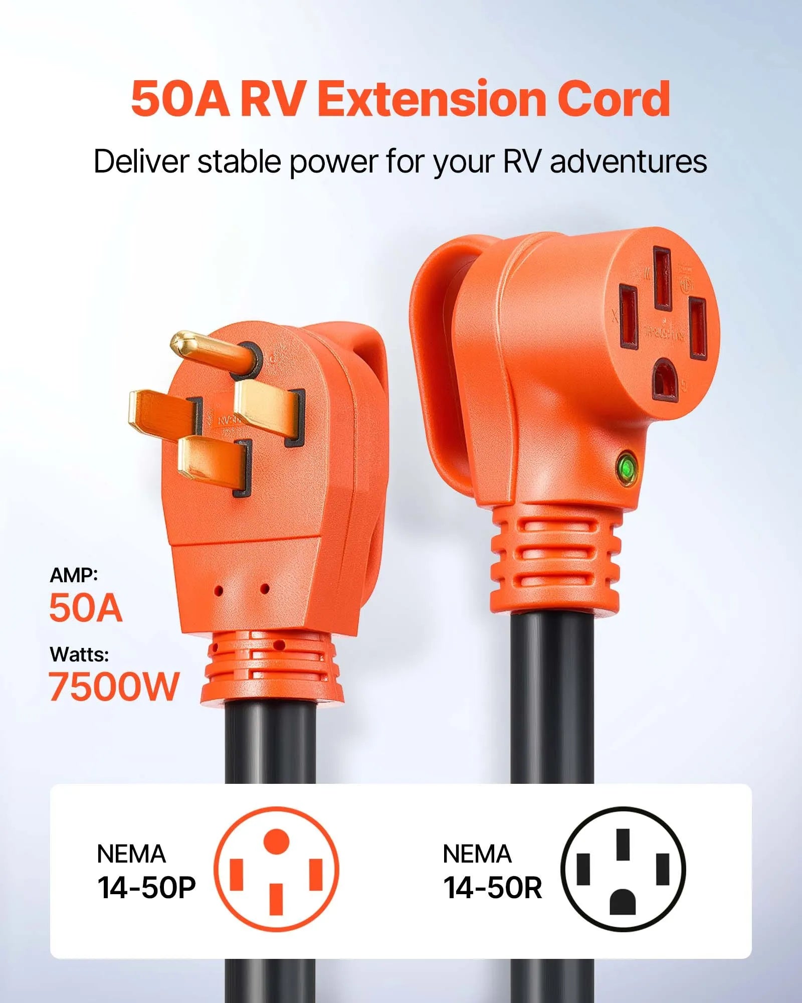 VEVOR 75 FT 50A RV Extension Power Cord STW Wire NEMA 14-50P NEMA 14-50R ETL