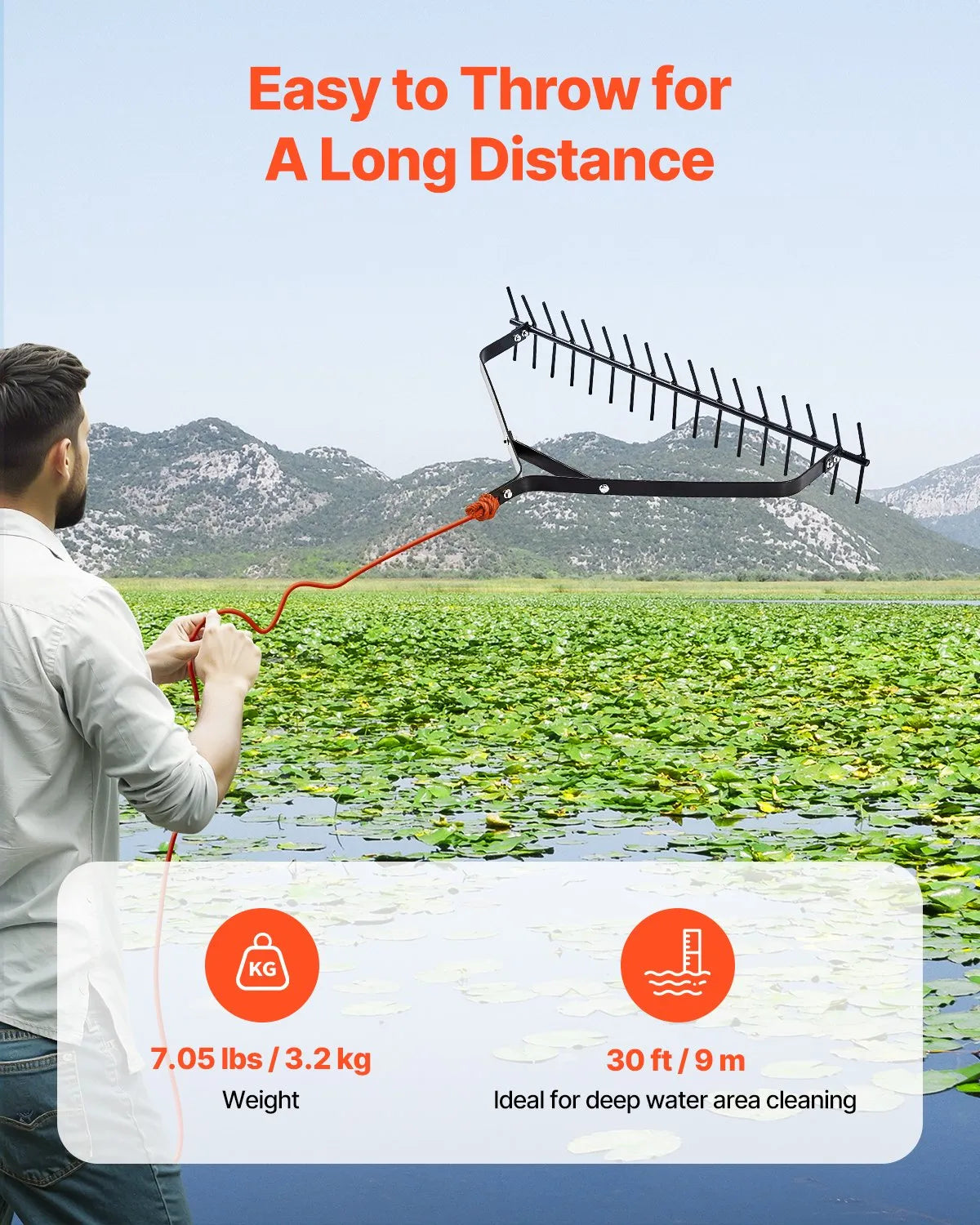 VEVOR 32x6.3 in Pond Aquatic Weed Rake Double-Sided Lake Weed Rake 30ft Rope