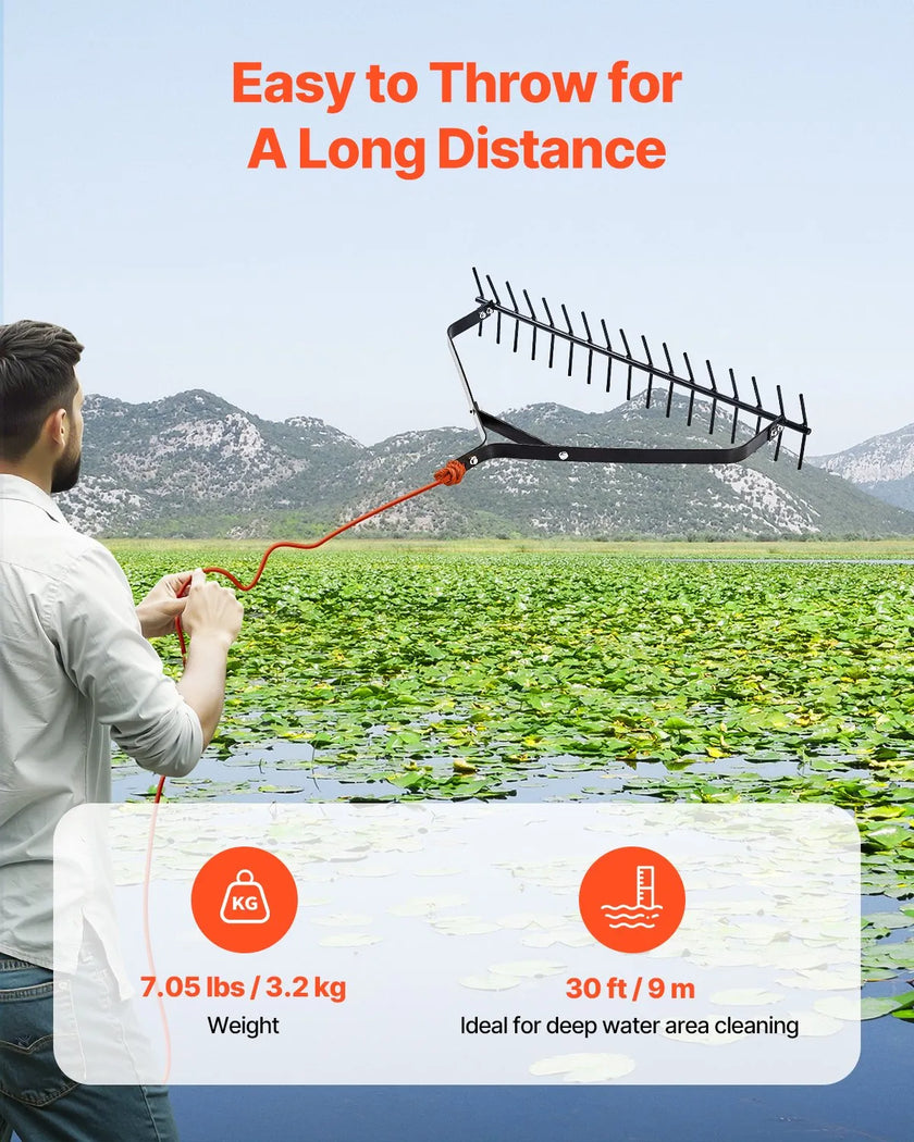 VEVOR 32x6.3 in Pond Aquatic Weed Rake Double-Sided Lake Weed Rake 30ft Rope