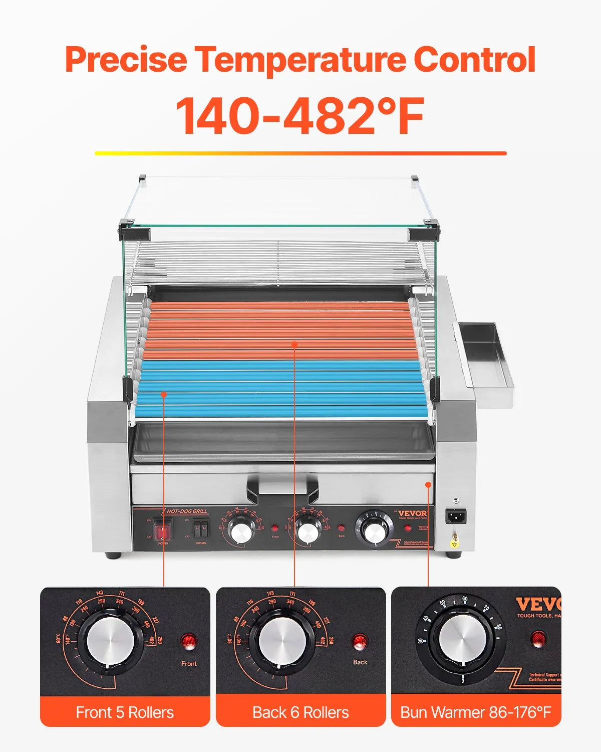 VEVOR 30 Hot Dog 11 Roller Electric Grill Cooker Machine Bun Warmer Cover 1950W