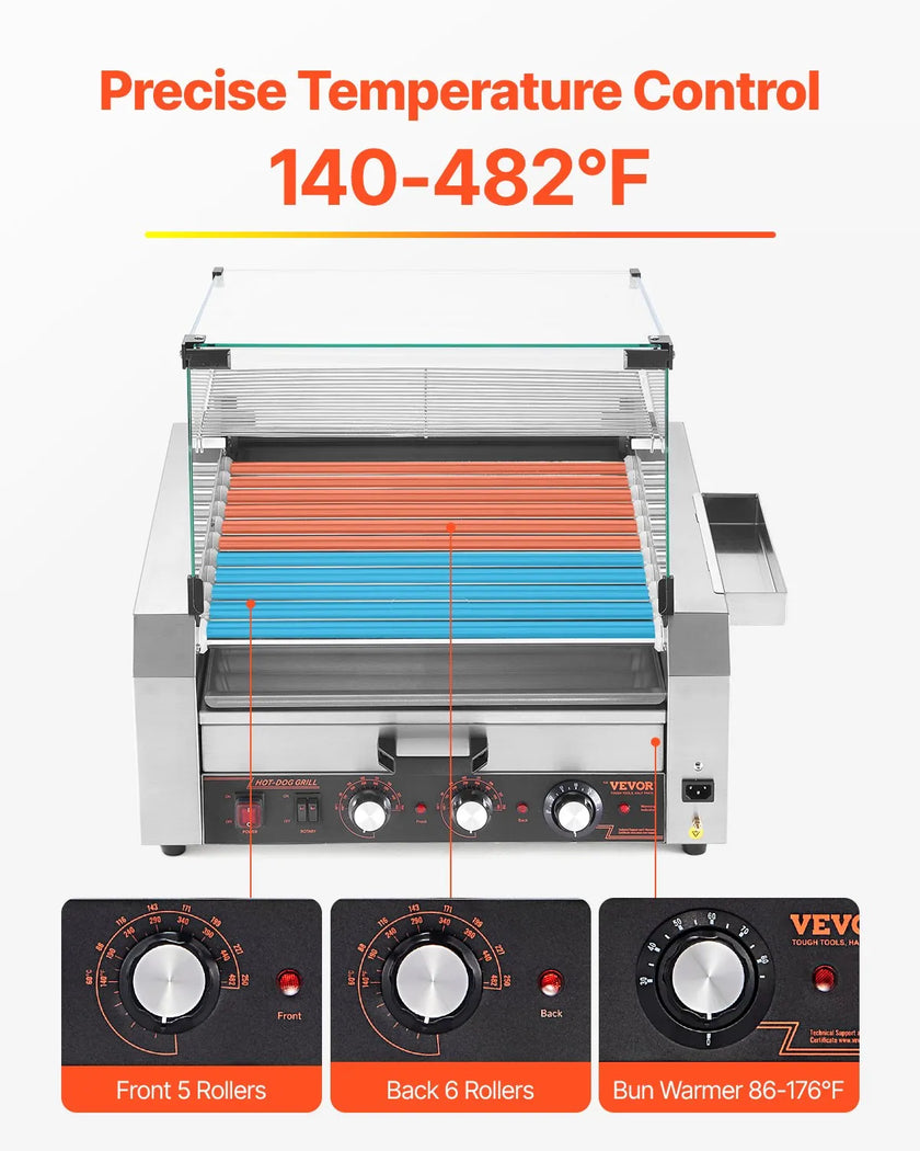 VEVOR 30 Hot Dog 11 Roller Electric Grill Cooker Machine Bun Warmer Cover 1950W