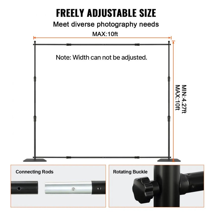 VEVOR 10ft x 10ft Pipe and Drape Kit, Heavy Duty Backdrop Stand with Carbon Steel Base, Adjustable Backdrop Support with 2 Clamps and A Carry Bag for Wedding, Party, Event, Photography, and Exhibition