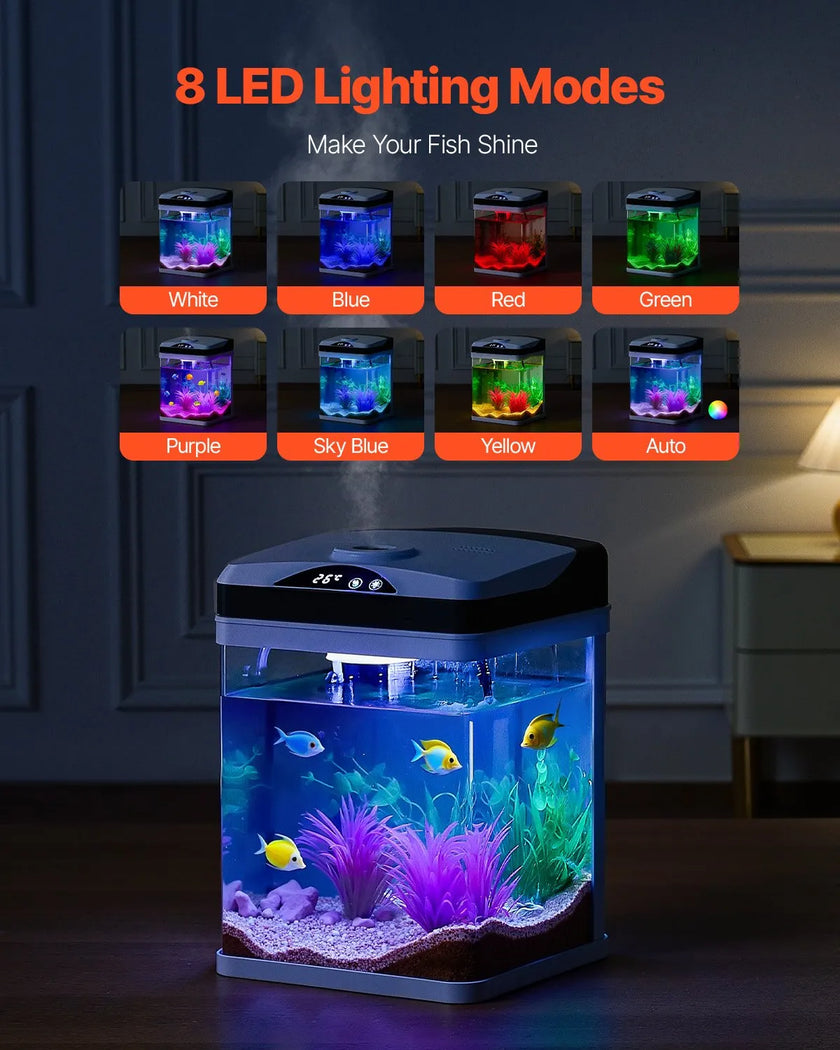 VEVOR 2 Gallon Fish Tank Aquarium LED Square Clear Glass 7 Color Self Cleaning