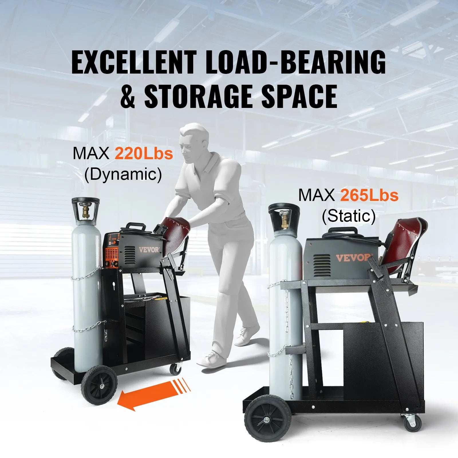 VEVOR 2-Tier 4 Drawers Welding Cart, Welder Cart with 265LBS Static Weight Capacity, 360° Swivel Wheels, Tank Storage Safety Chains, Heavy Duty Rolling for Mig Welder and Plasma Cutter