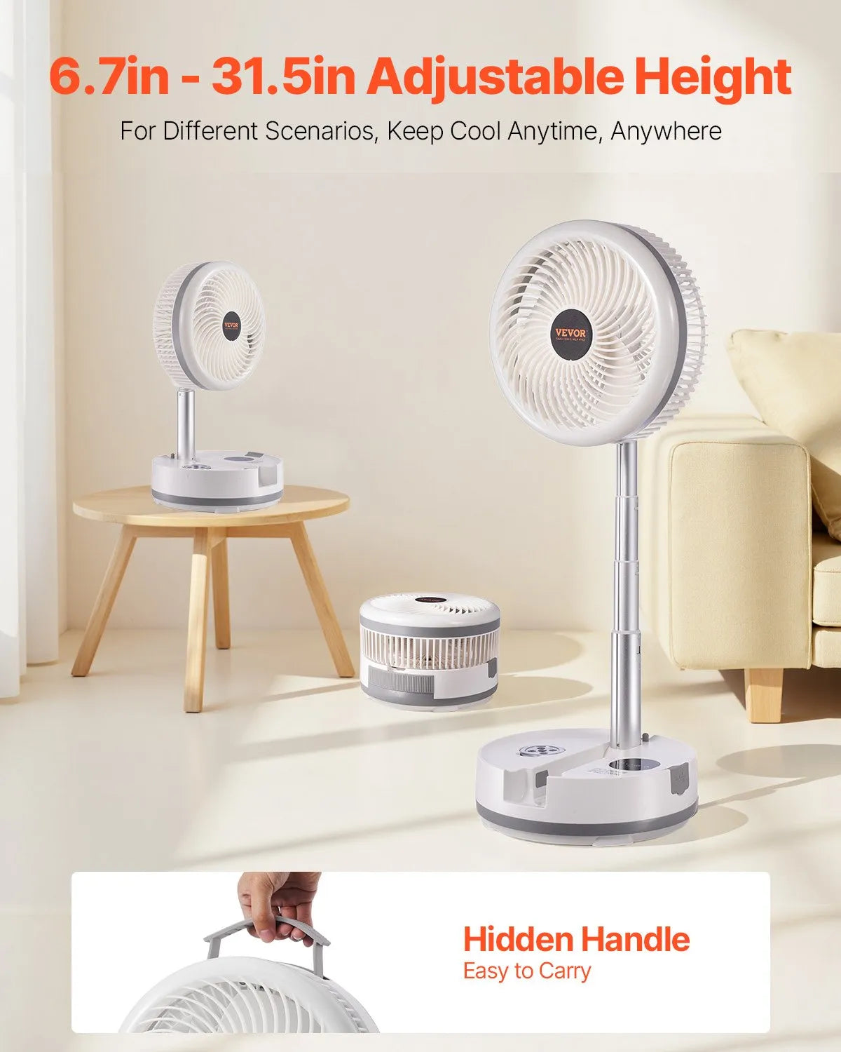 VEVOR 10 inch Foldable Rechargeable Oscillating Fan 3 in 1 Remote 9 Speeds