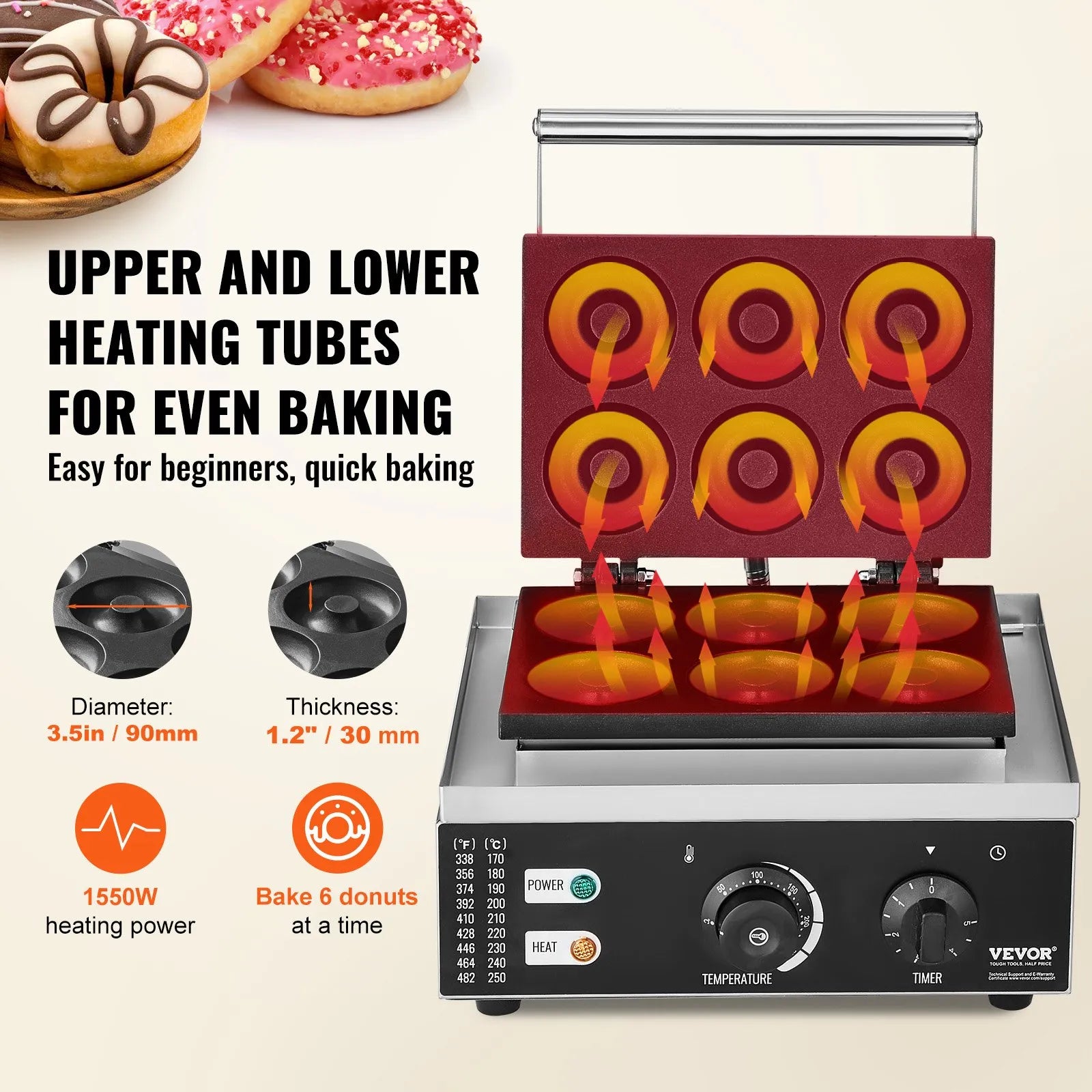 VEVOR 6pcs Electric Donut Maker Commercial Donut Making Machine 1550W Nonstick