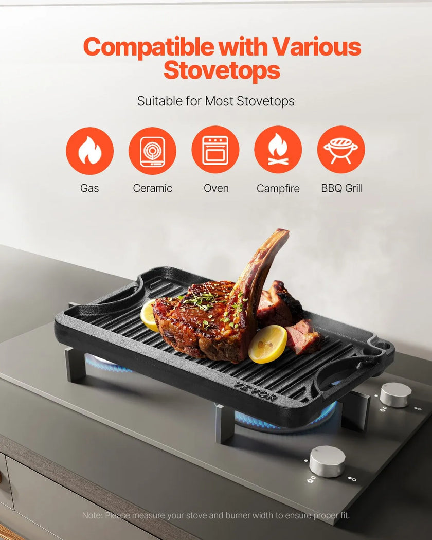 VEVOR 14x8.5 in Reversible Grill Griddle Pre-Seasoned BBQ Pan Cast Iron Black