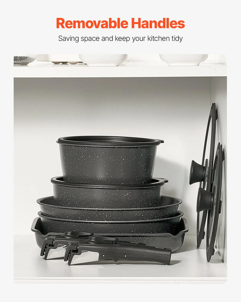 VEVOR 17 Piece Pots and Pans Set Granite Nonstick Kitchen Cookware Black