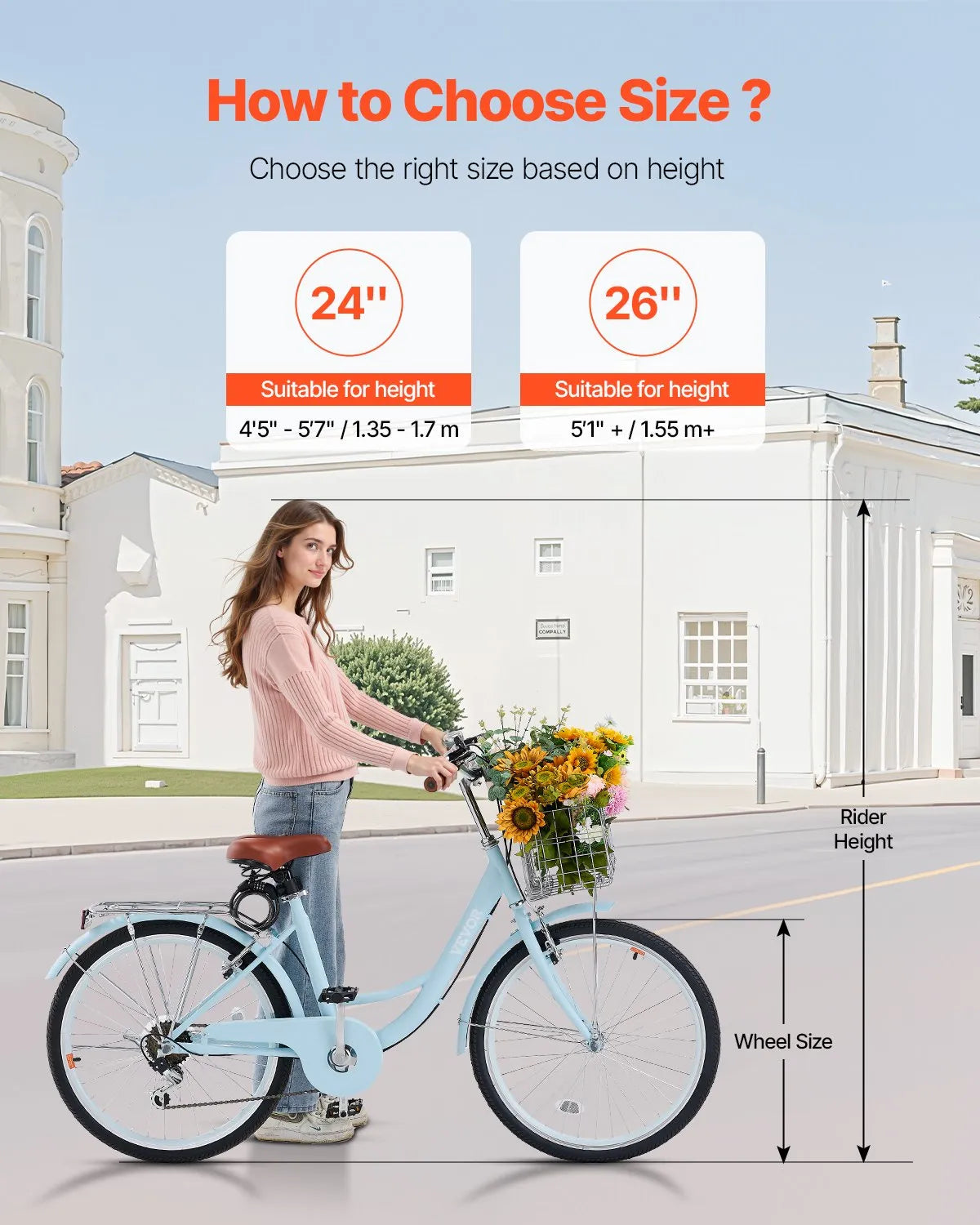 VEVOR 24-Inch Cruiser Bike 7-Speed Light Blue Beach Cruiser Bike with Basket