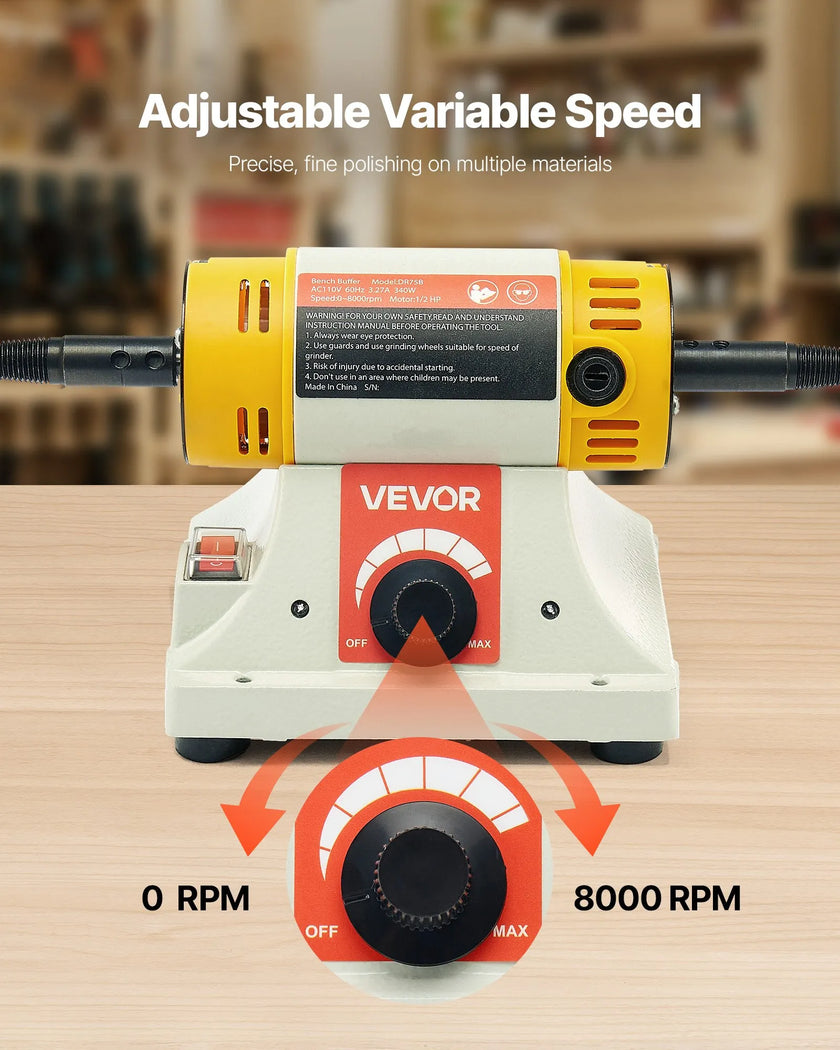 VEVOR 1/2HP Bench Buffer Polisher 0 to 8000RPM with 3-inch & 4-inch Wheels