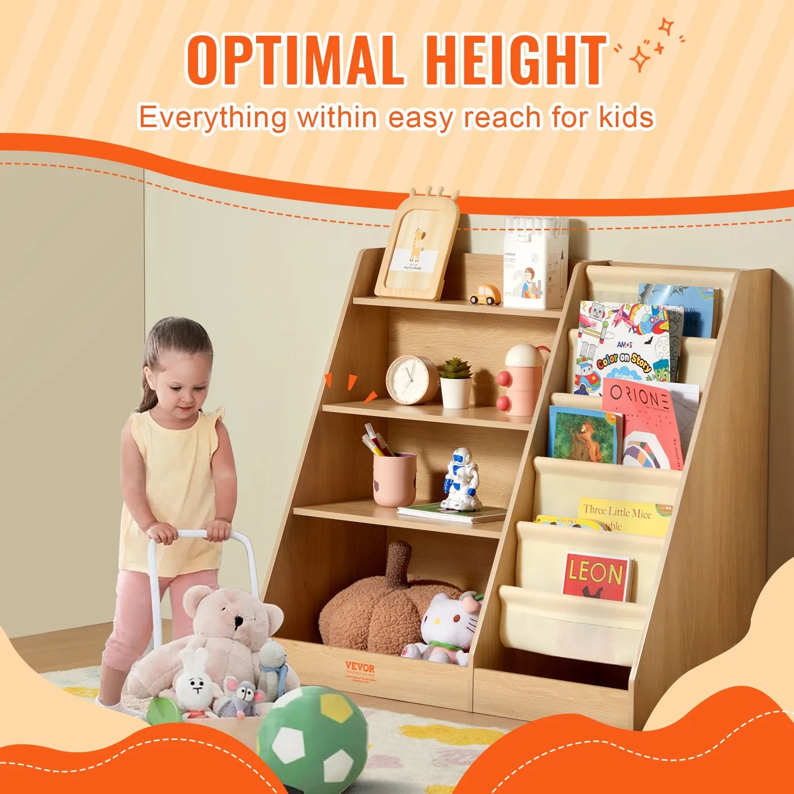 VEVOR 4-Tier Kids Wooden Bookshelf, Six-Layer Sling Bookcase, Baby Storage Book Rack, Book Toy Organizer Cabinet, for Kids Room, Playroom, Kindergarten, Nursery