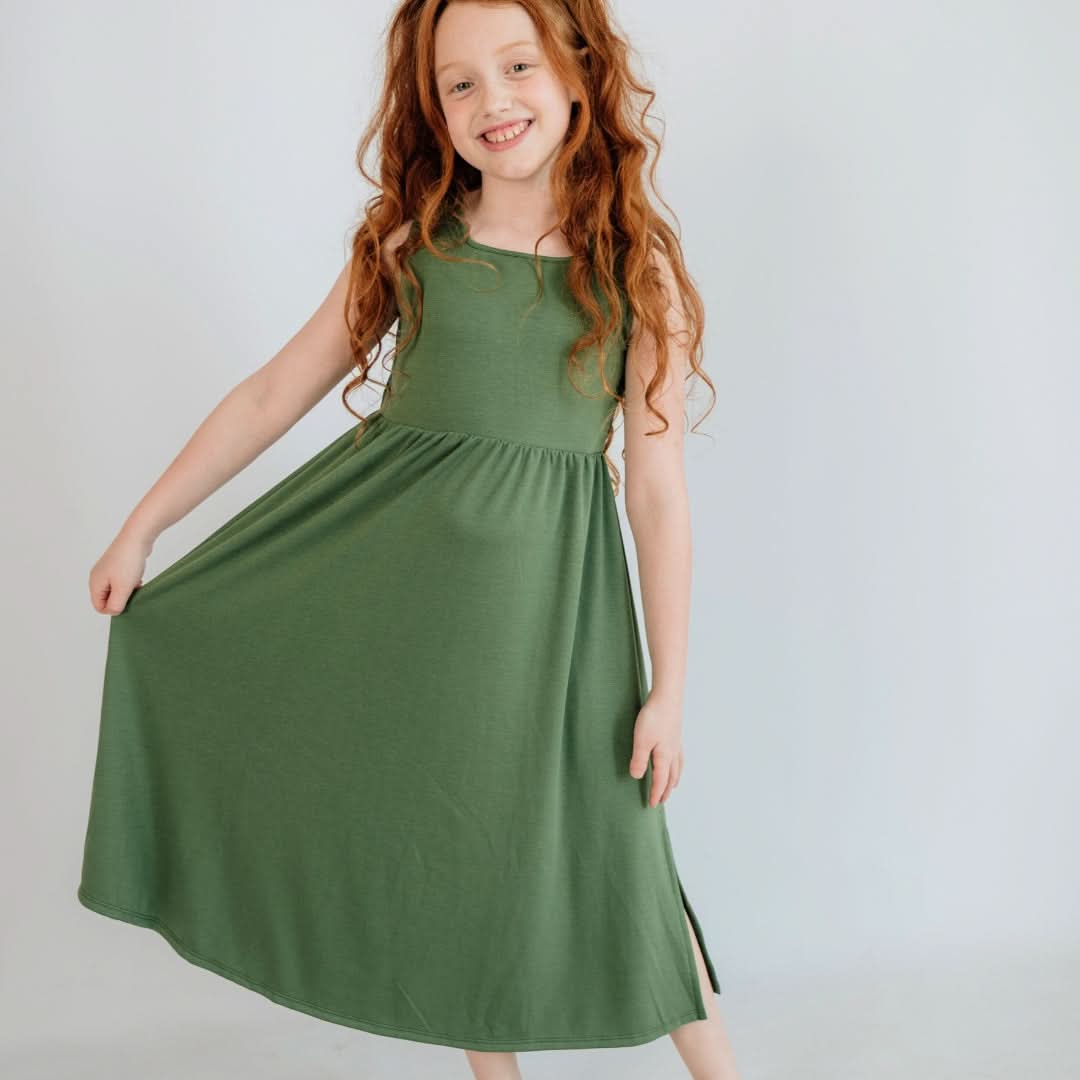 Kids' Bamboo Square Neck Midi Dress | Leaf Green