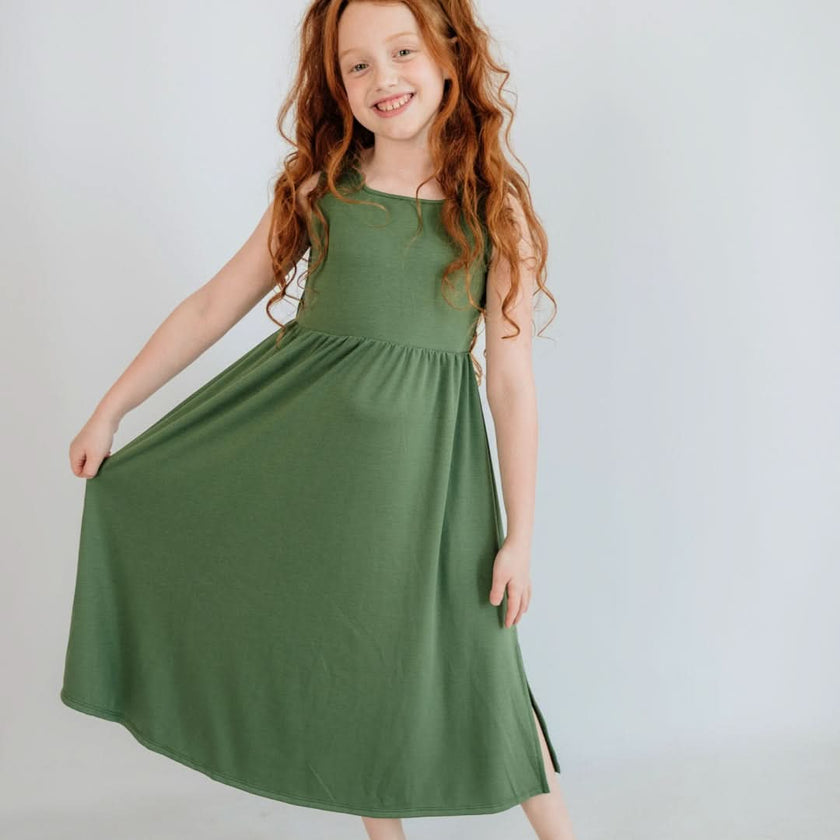 Kids' Bamboo Square Neck Midi Dress | Leaf Green