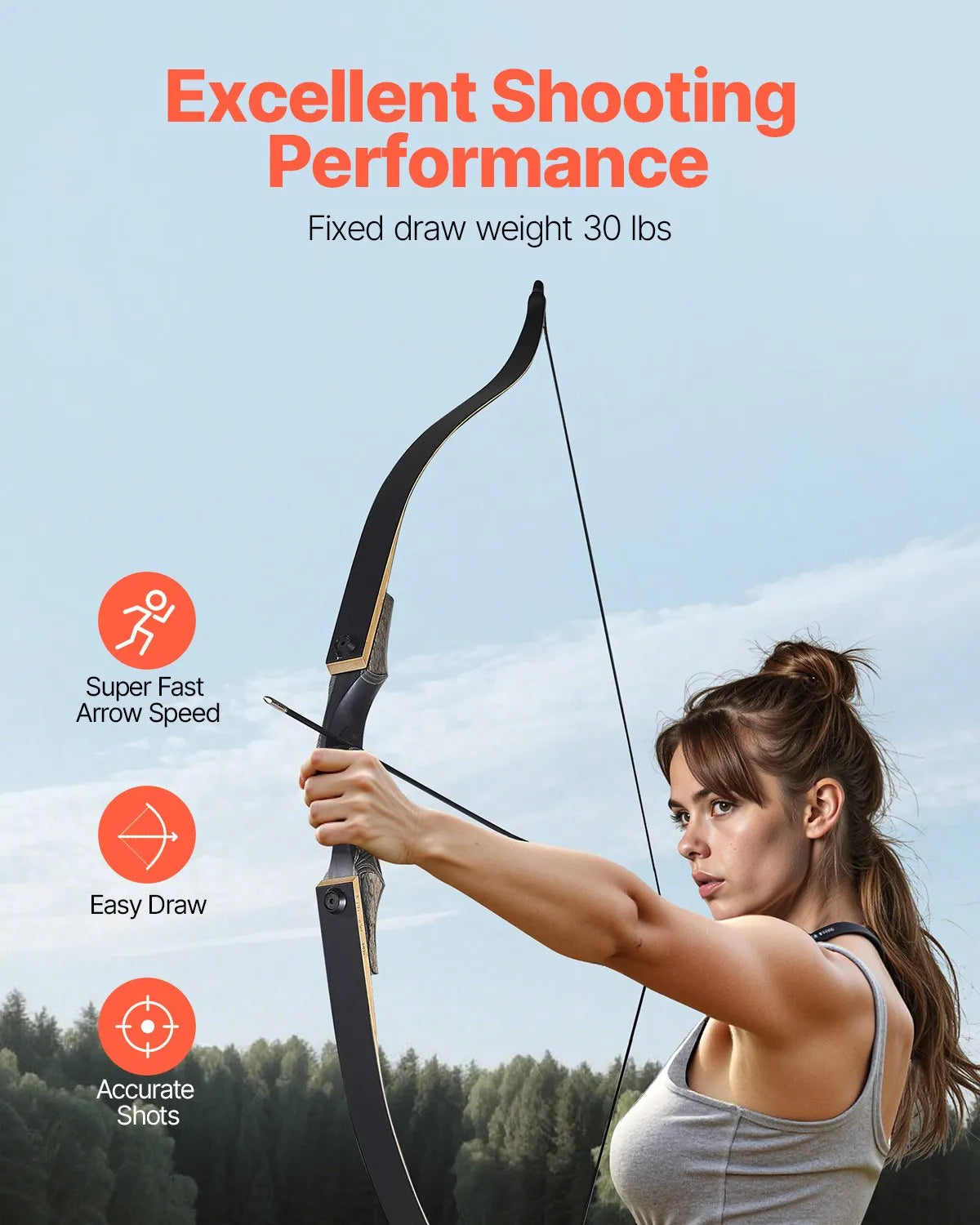 VEVOR 60in Takedown Recurve Bow Wooden Bow Arrows Kit Hunting Practice 30 lbs