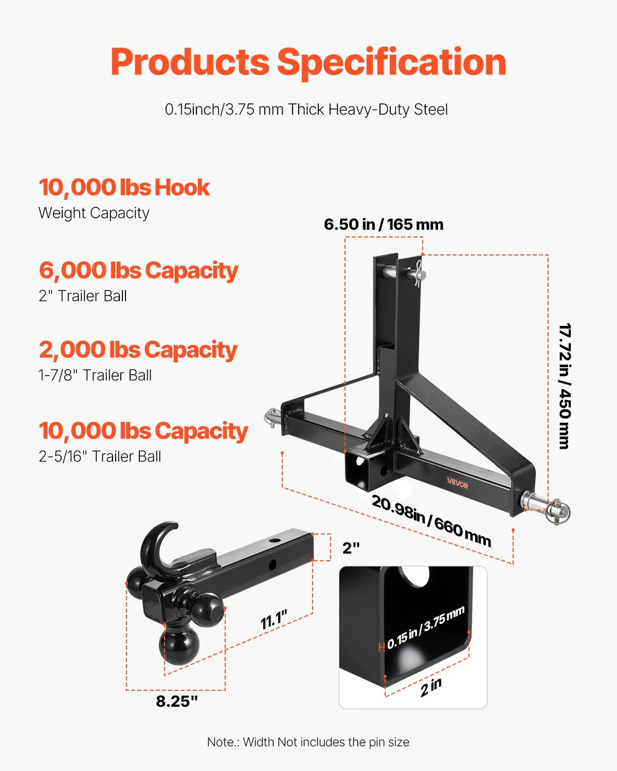 VEVOR 3 Point 2 in Trailer Hitch Receiver Tractor Drawbar Adapter Heavy Duty