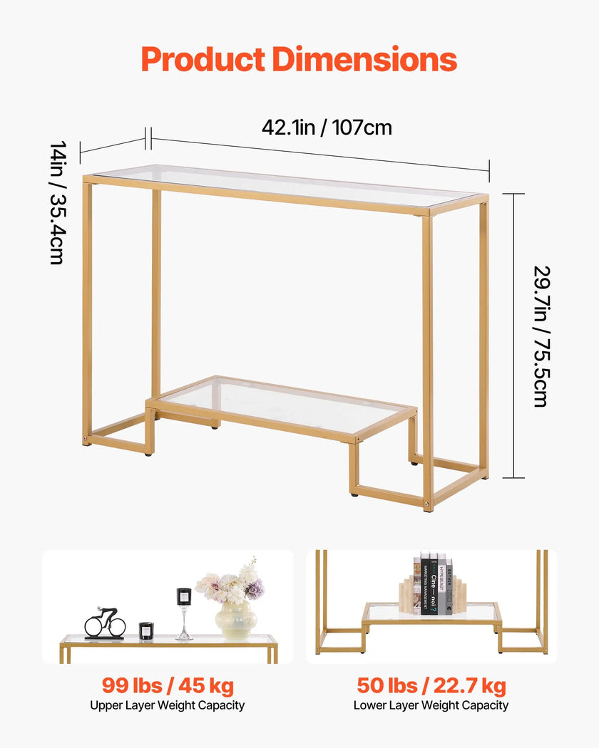 VEVOR 2-Tier Glass Console Table Rectangle Sofa Side Table with Anti-Tip Golden