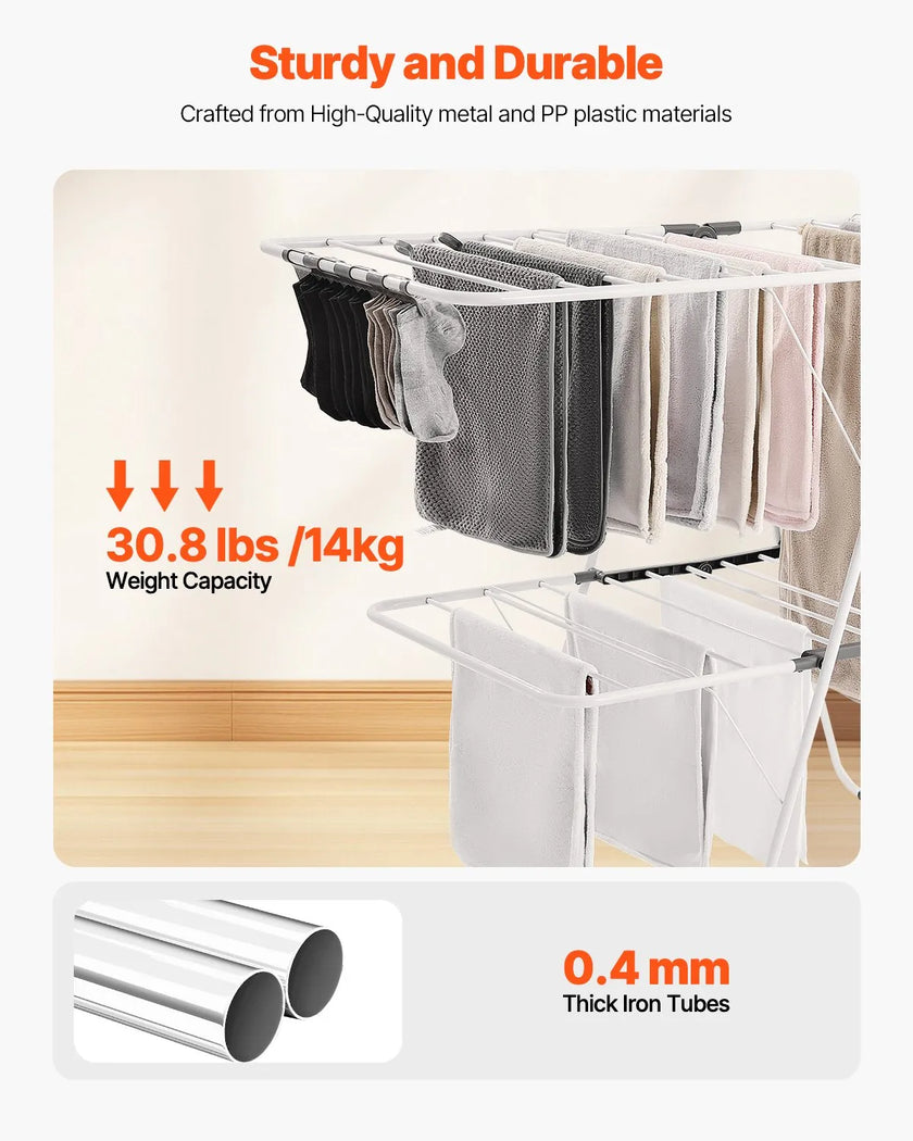 VEVOR 2-Tier Foldable Clothes Drying Rack with Sock Clips & 31 Drying Rods White