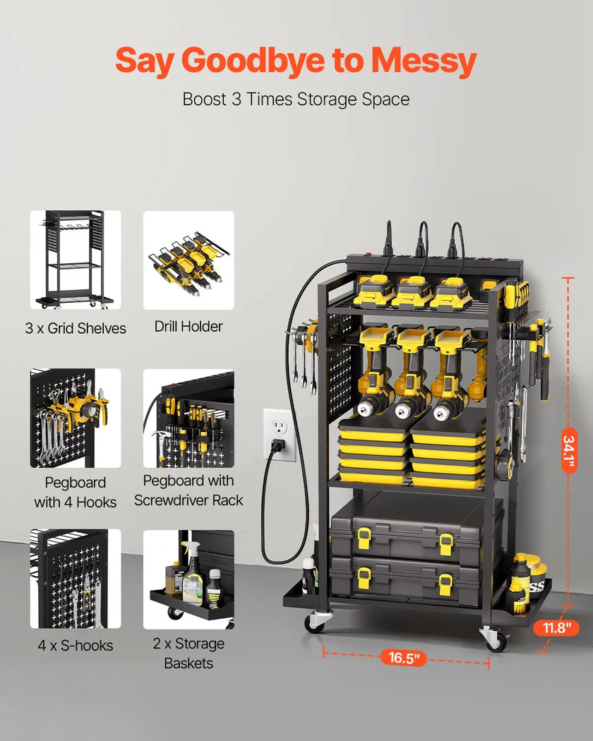 VEVOR 4-tier Tool Organizer Cart with Charging Station Garage Cart on Wheels