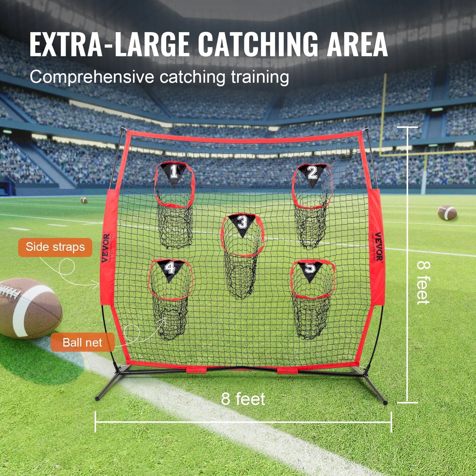 VEVOR 8 x 8 ft Football Trainer Throwing Net, Training Throwing Target Practice Net with 5 Target Pockets, Knotless Net Includes Bow Frame and Portable Carry Case, Improve QB Throwing Accuracy, Red