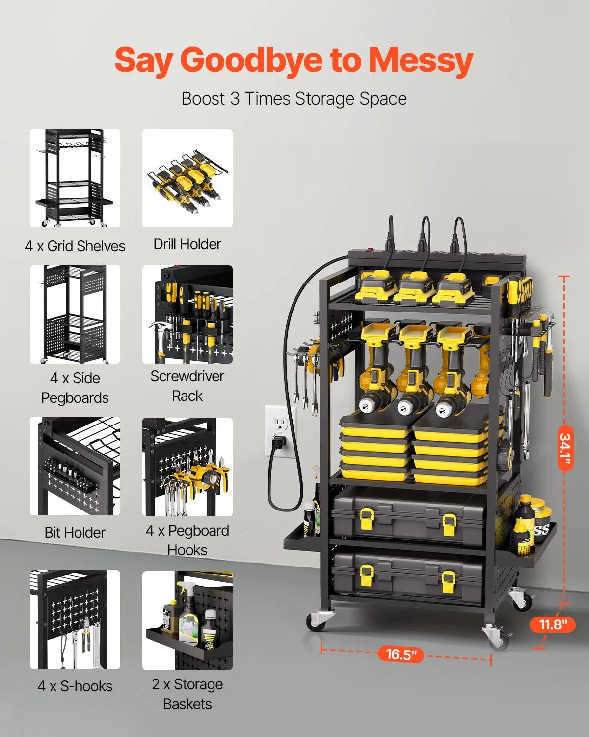 VEVOR 5-tier Tool Organizer Cart with Charging Station Garage Cart on Wheels