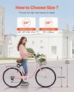 VEVOR 26-Inch Cruiser Bike 7-Speed Pink Beach Cruiser Bike with Basket