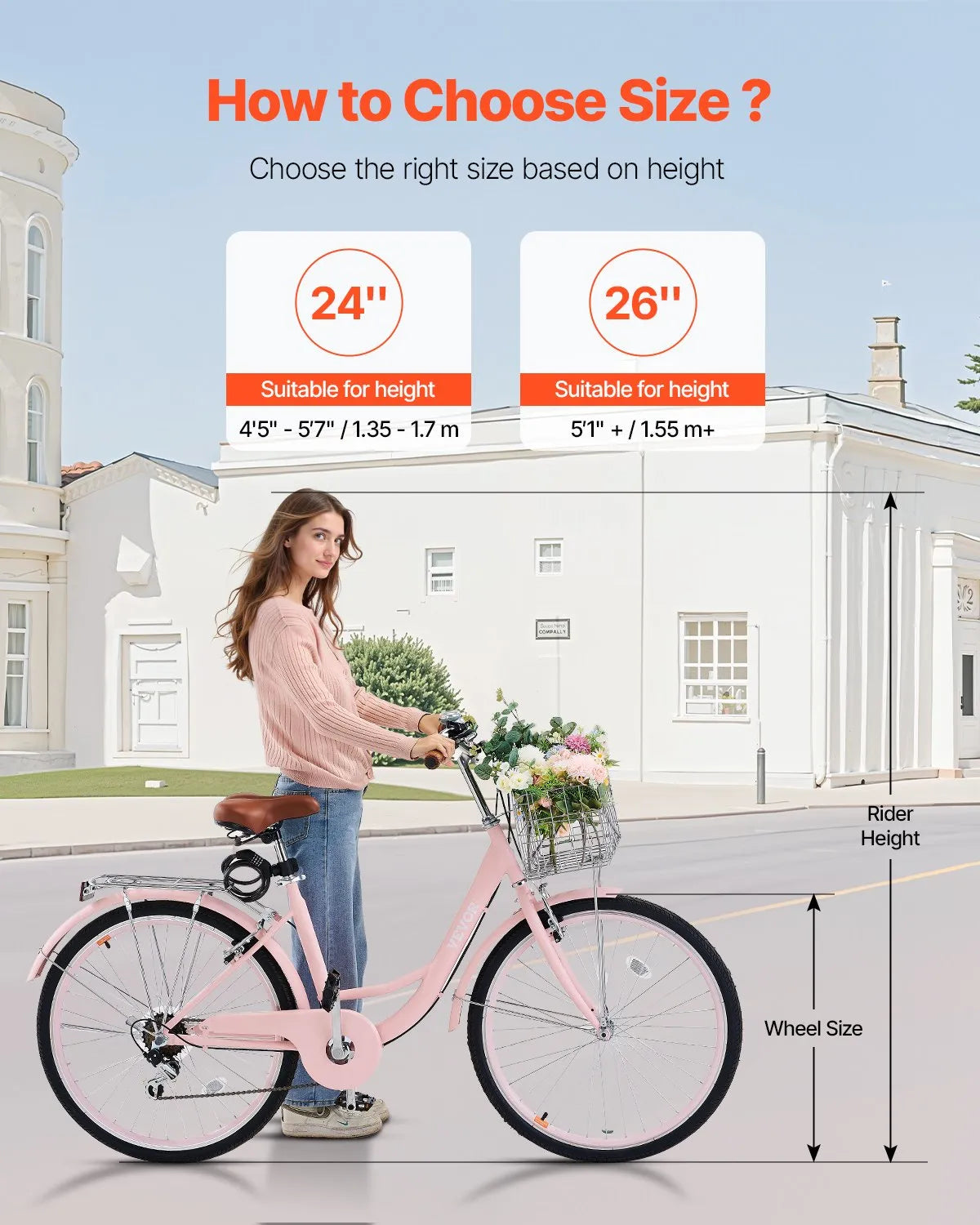 VEVOR 26-Inch Cruiser Bike 7-Speed Pink Beach Cruiser Bike with Basket