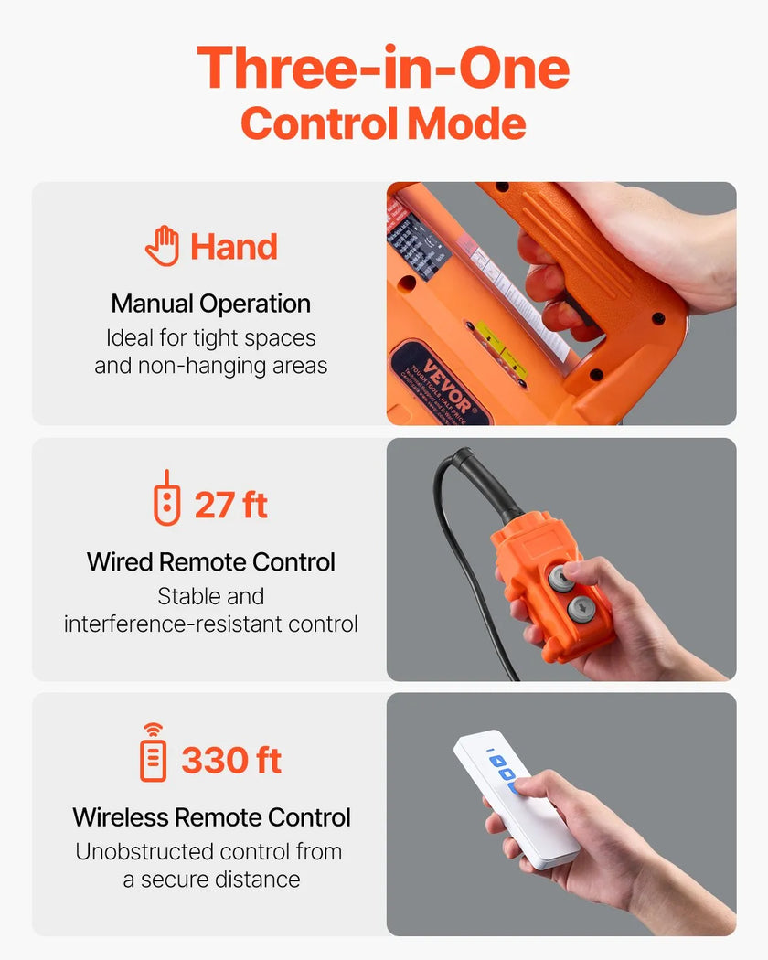 VEVOR 3-in-1 Portable Electric Hoist Winch 1100LBS Wired/Wireless Remote Control