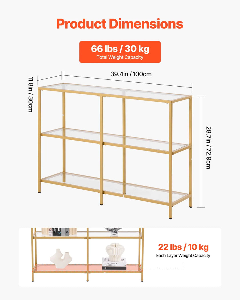 VEVOR 3-Tier Glass Console Table Rectangle Sofa Side Table with Anti-Tip Golden