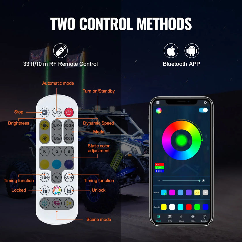 VEVOR 2 PCS 4 FT Whip Light, APP & RF Remote Control Led Whip Light, Waterproof 360° Spiral RGB Chasing Lighted Whips with 4 Flags, for UTVs, ATVs, Motorcycles, RZR, Can-am, Trucks, Off-road, Go-karts