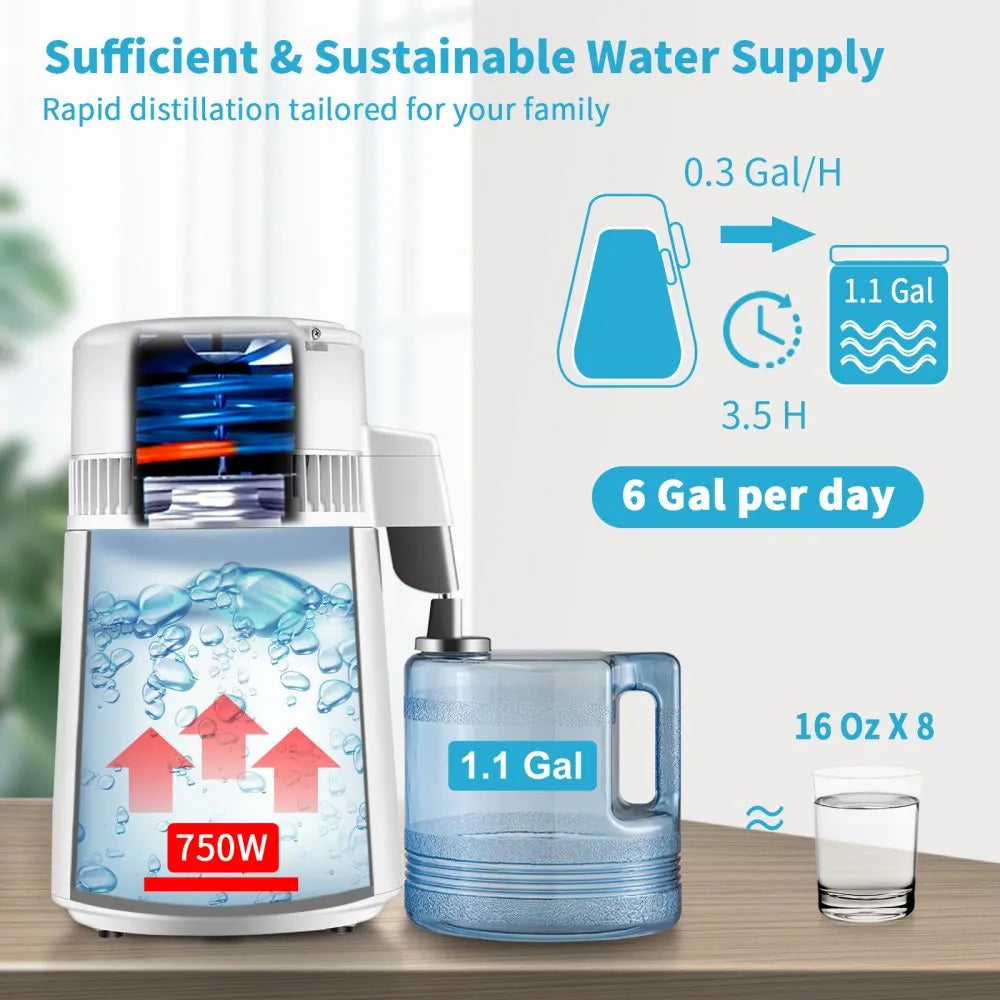 VEVOR 1.1Gal Water Distiller, 0.3Gal/H, 750W Distilled Water Maker Machine 0-99H Timing Set Temp Display, 304 Stainless Steel Countertop Distiller Glass Carafe Cleaning Powder 3 Carbon Packs, White