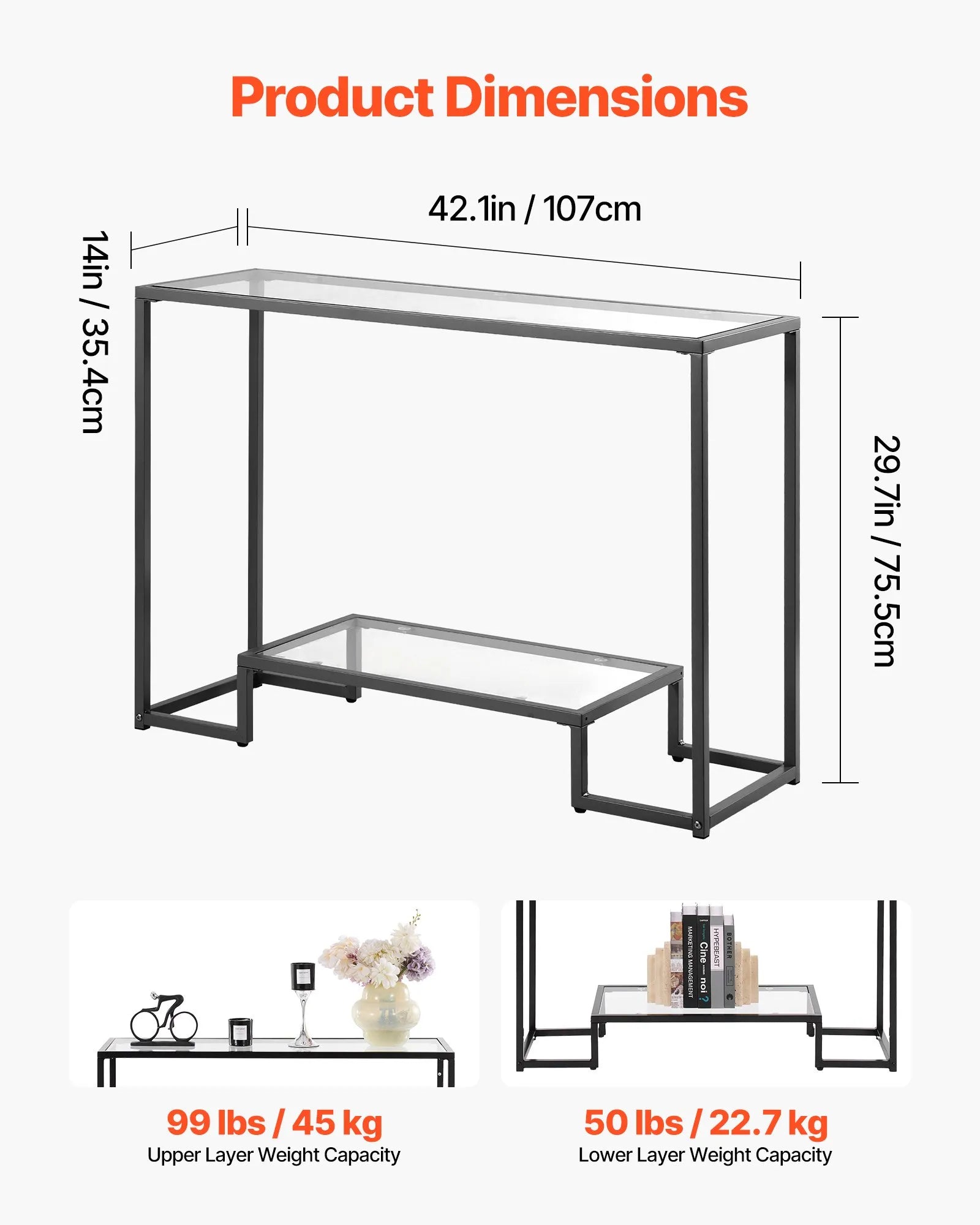VEVOR 2-Tier Glass Console Table Rectangle Sofa Side Table with Anti-Tip Black