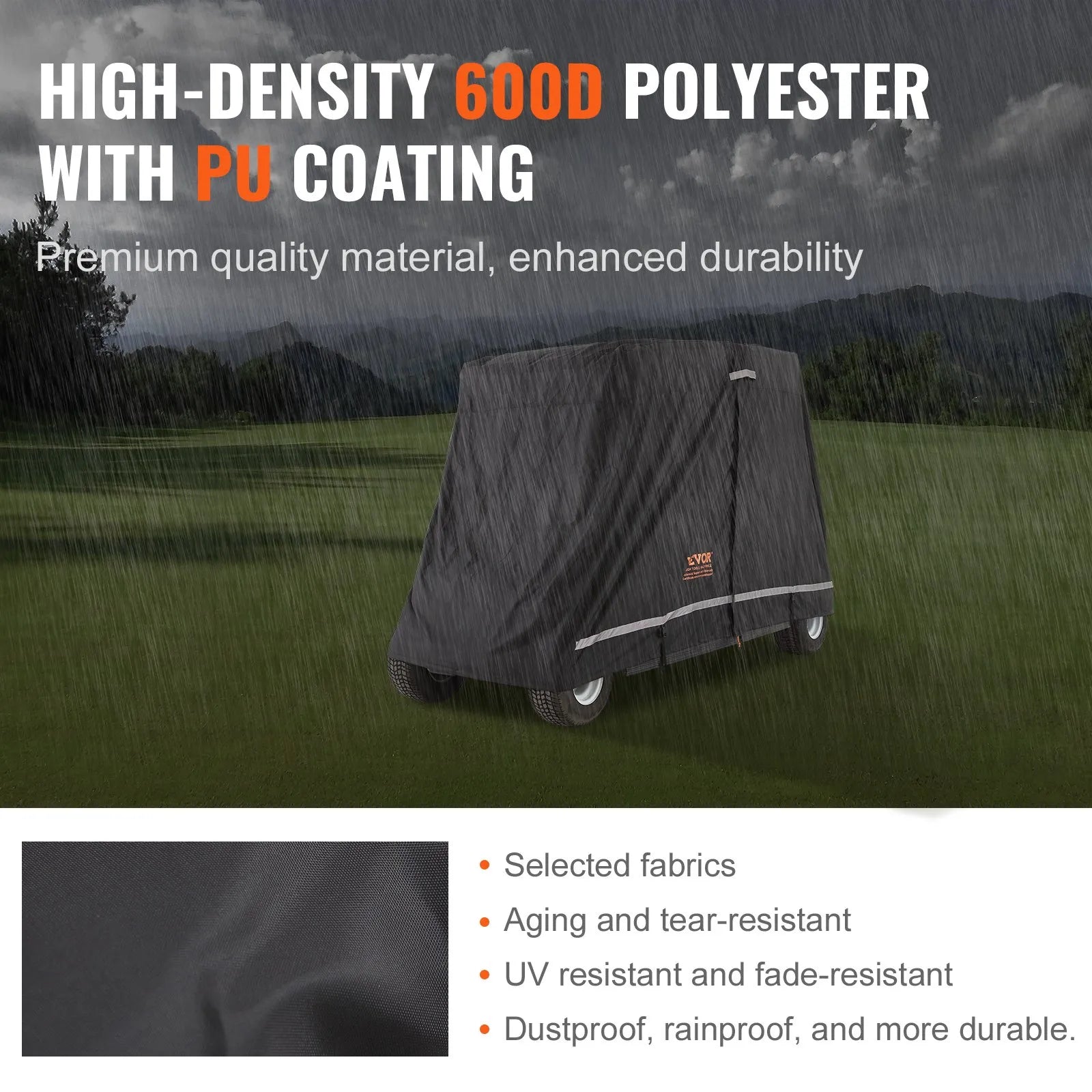 VEVOR 4 Passenger Golf Cart Cover, 600D Polyester Full Cover, Universal Fits for Most Brand Club Car Covers, Waterproof, Sunproof, and Dustproof Outdoor Golf Cart Cover with Three Zipper Doors, Black