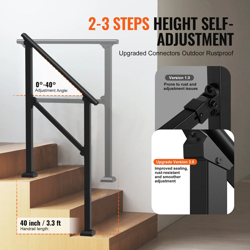 VEVOR 2 PCS 2-3 Handrails for Outdoor for Seniors Porch Deck Black Square Tube