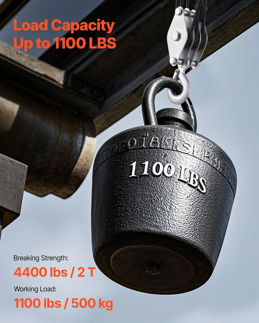 VEVOR 100 ft Rope Hoist Pulley Wheel Block and Tackle Puller 5:1 Ratio 4400 lbs