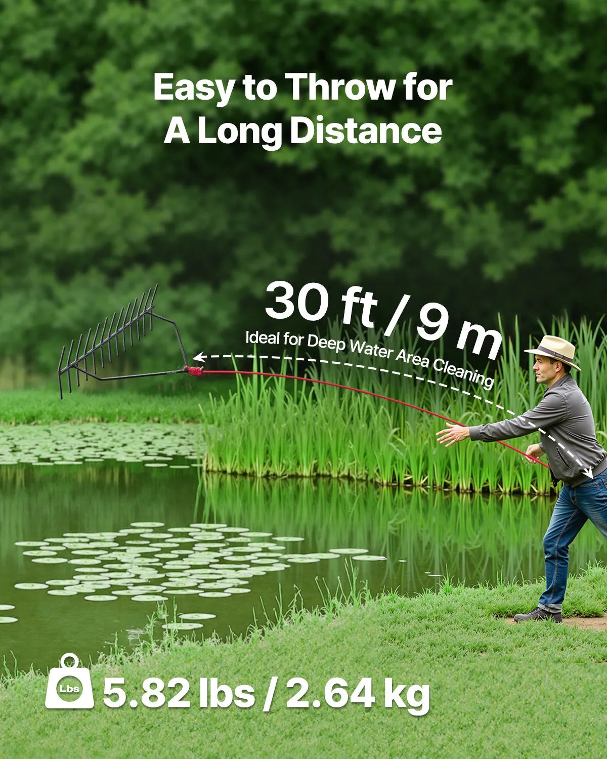 VEVOR 24x8.7 in Pond Aquatic Weed Rake Double-Sided Lake Weed Rake 30ft Rope