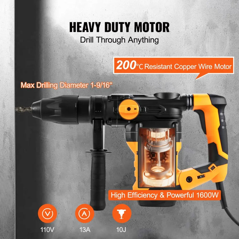 VEVOR 1-9/16 Inch SDS-Max Rotary Hammer Drill, 13Amp Corded Drills, Heavy Duty Chipping Hammers with Vibration Control & Safety Clutch, Electric Demolition Hammers Variable Speed, Power Tool For Concr