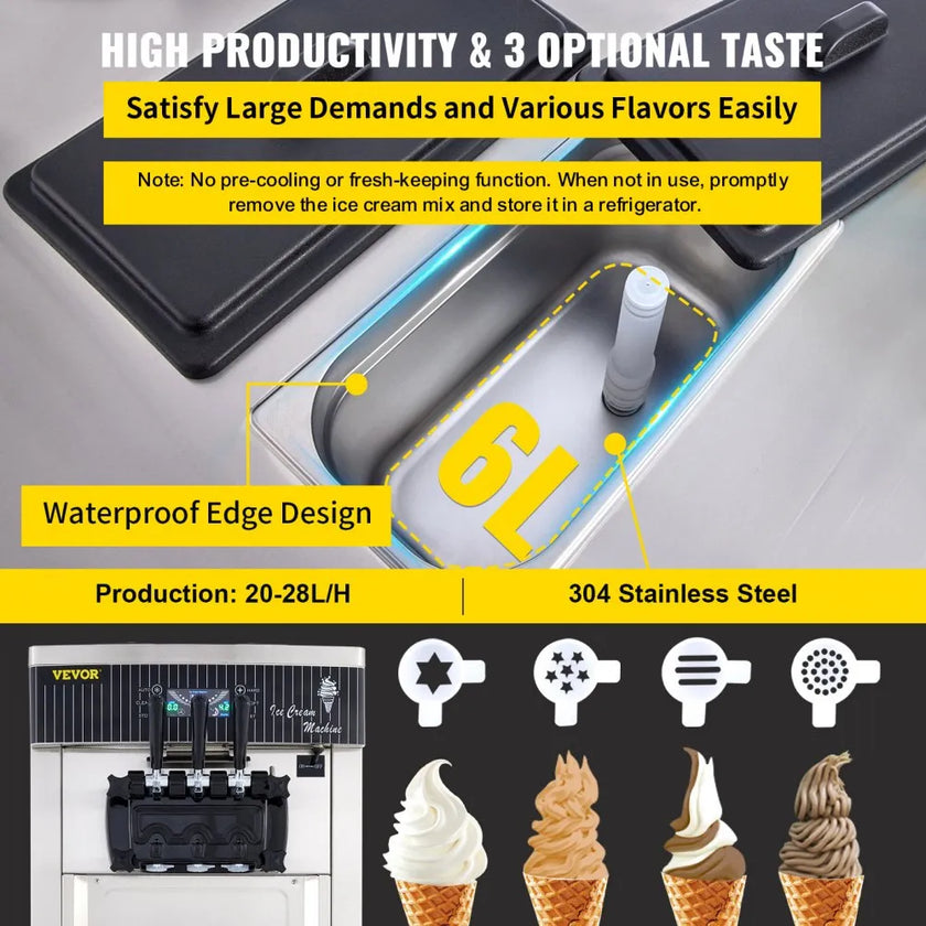 VEVOR 2200W Commercial Soft Ice Cream Machine 3 Flavors 5.3 to 7.4Gallons per Hour Auto Clean LED Panel Perfect for Restaurants Snack Bar supermarkets