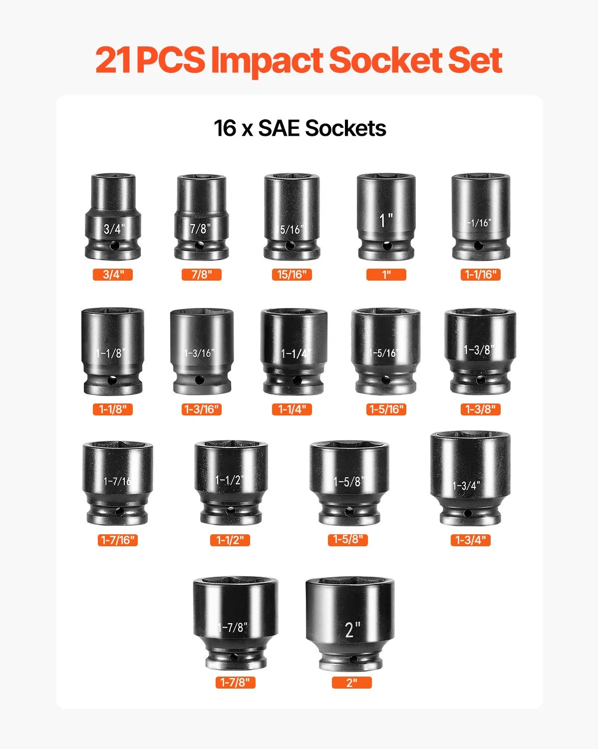 Impact Socket Set Impact Sockets 3/4 Inches 21 Piece 3/4 Inches to 2 Inches SAE