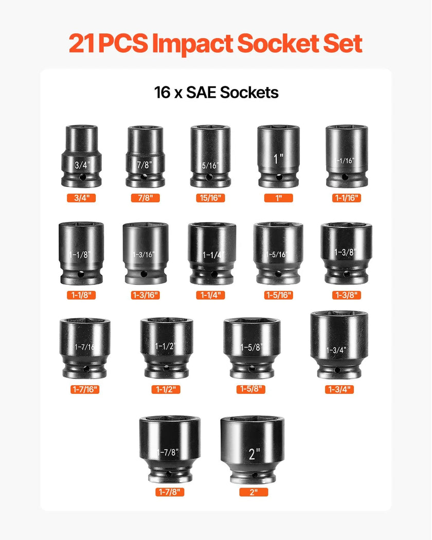 Impact Socket Set Impact Sockets 3/4 Inches 21 Piece 3/4 Inches to 2 Inches SAE