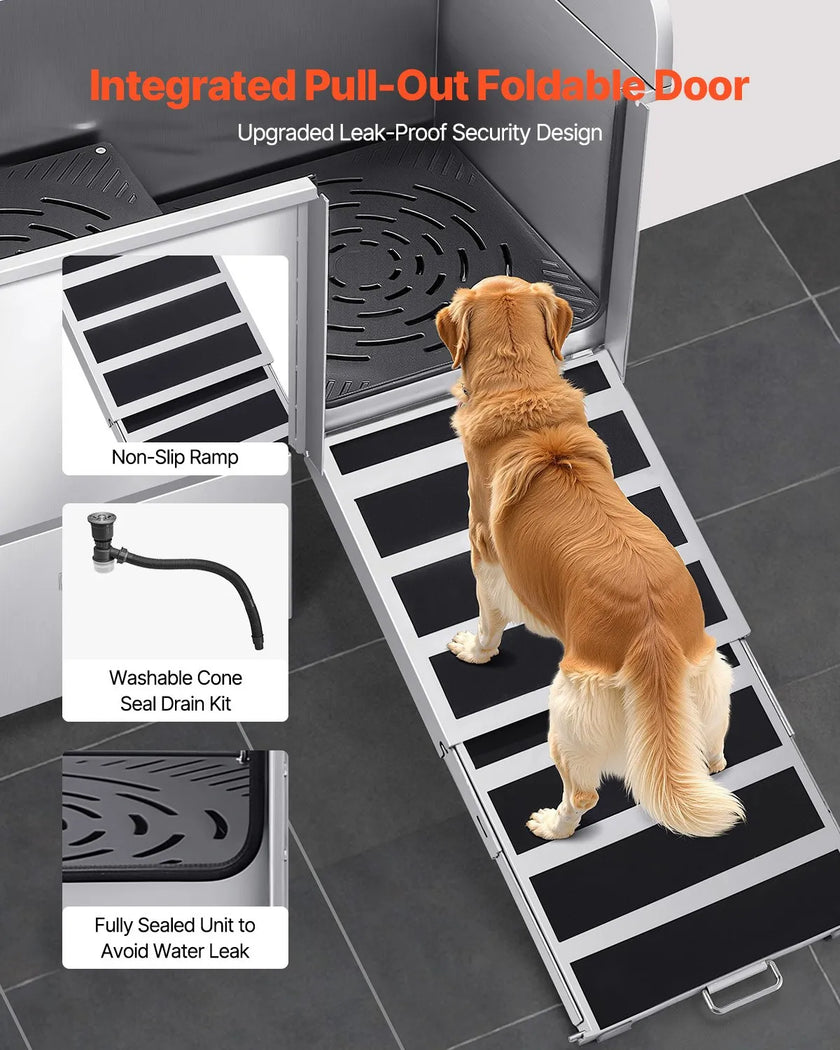 VEVOR 50 Inch Dog Grooming Bath Tub Stainless Steel w Ramp Faucet Showerhead
