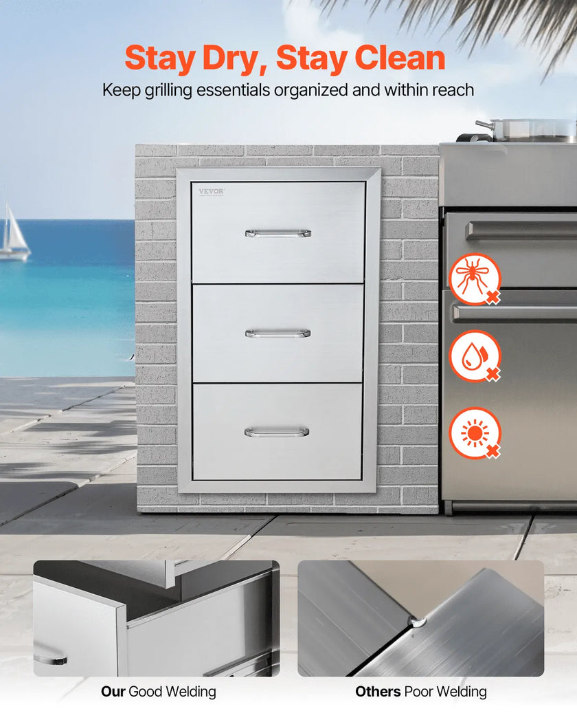 VEVOR 17W x 30H x 21D Inch Outdoor Kitchen Stainless Steel Double Access Drawers with Paper Towel Holder Combo for BBQ Island or Grill Station