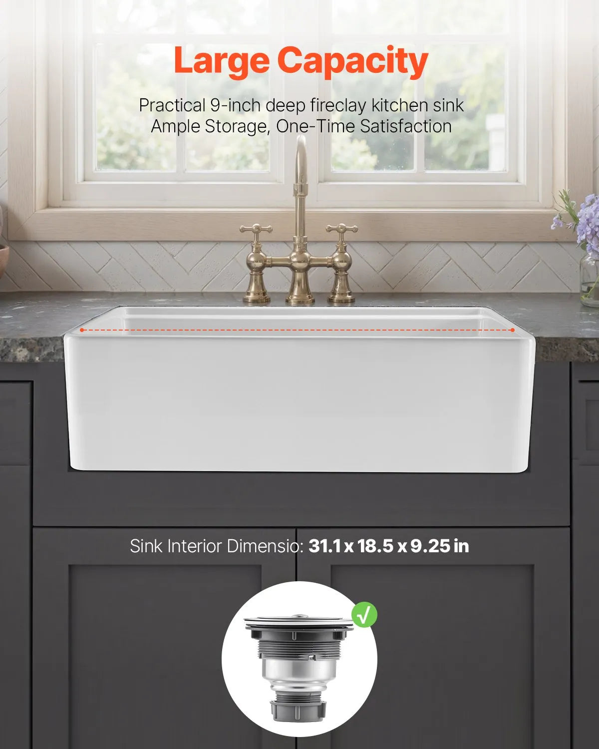 VEVOR 32.5 in Farmhouse Sink Undermount Kitchen Single Bowl Basin Fireclay White