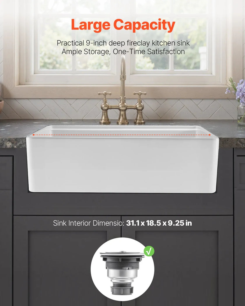 VEVOR 32.5 in Farmhouse Sink Undermount Kitchen Single Bowl Basin Fireclay White