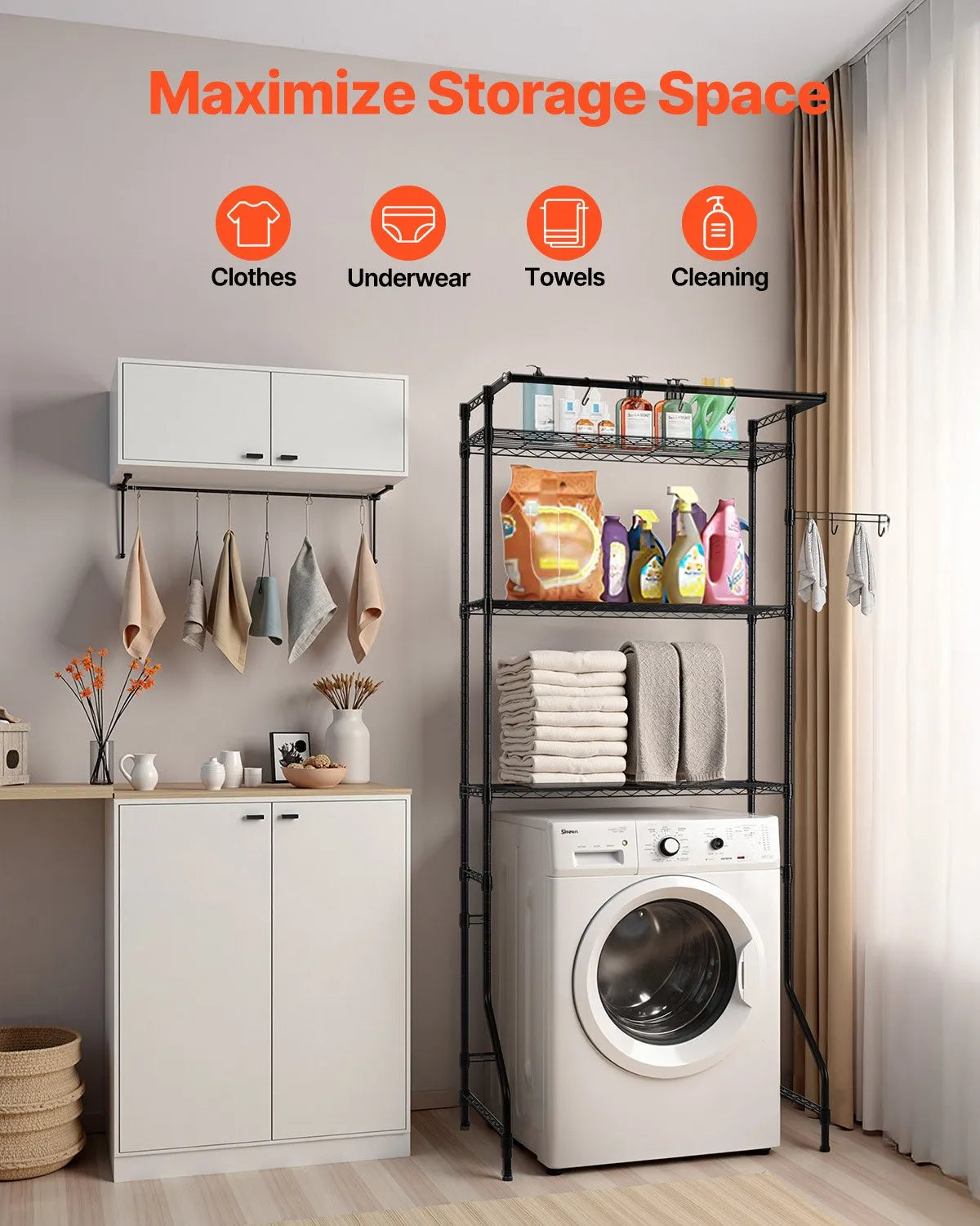 VEVOR Over Washer and Dryer Storage Shelf Single Row 3 Tiers Washer Rack Black