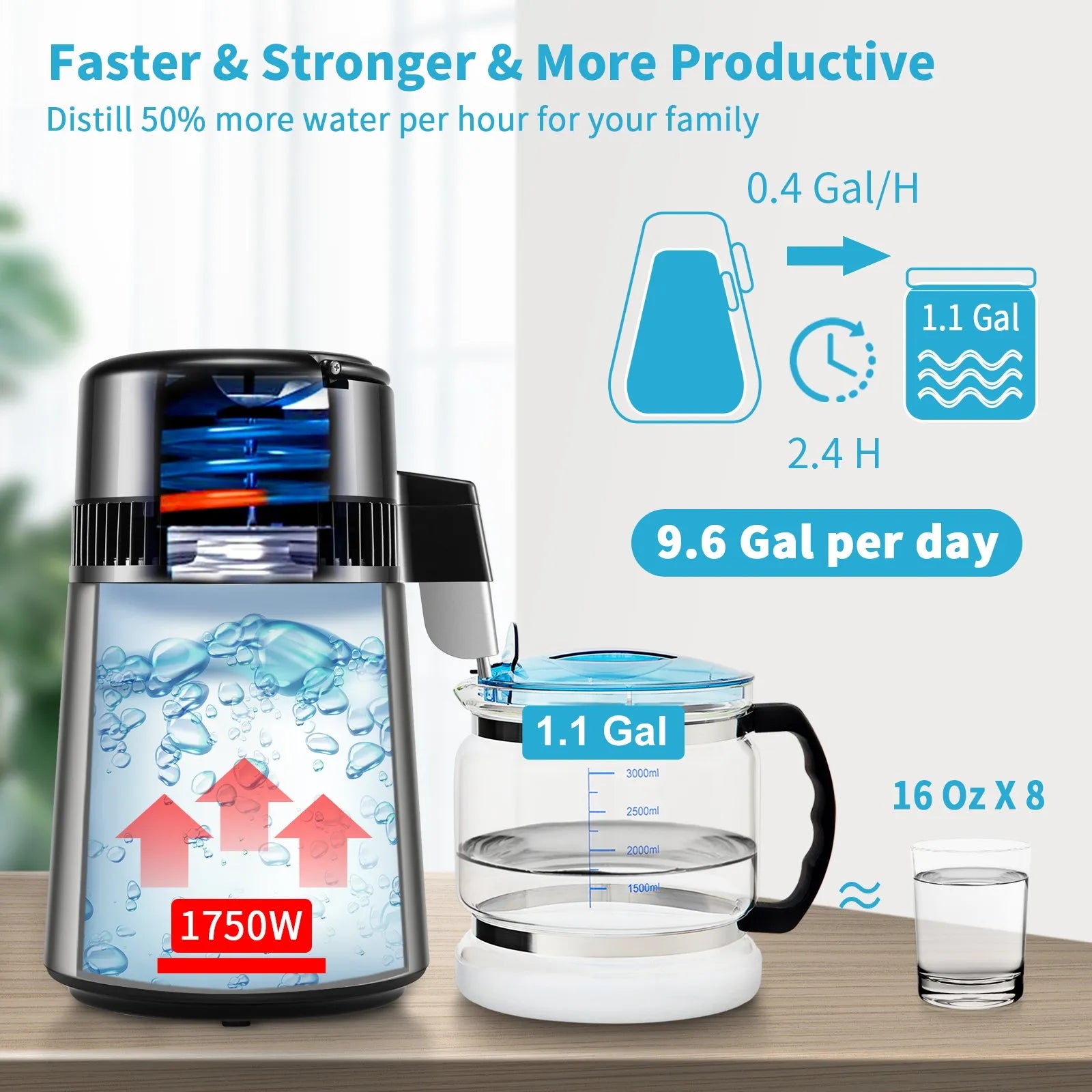 VEVOR 1.1Gal Water Distiller, 0.4Gal/H, Distilled Water Maker Machine 1750W 0-99H Timing Dual Temp Display, 304 Stainless Steel Countertop Distiller Glass Carafe Cleaning Powder 3 Carbon Packs, Silver