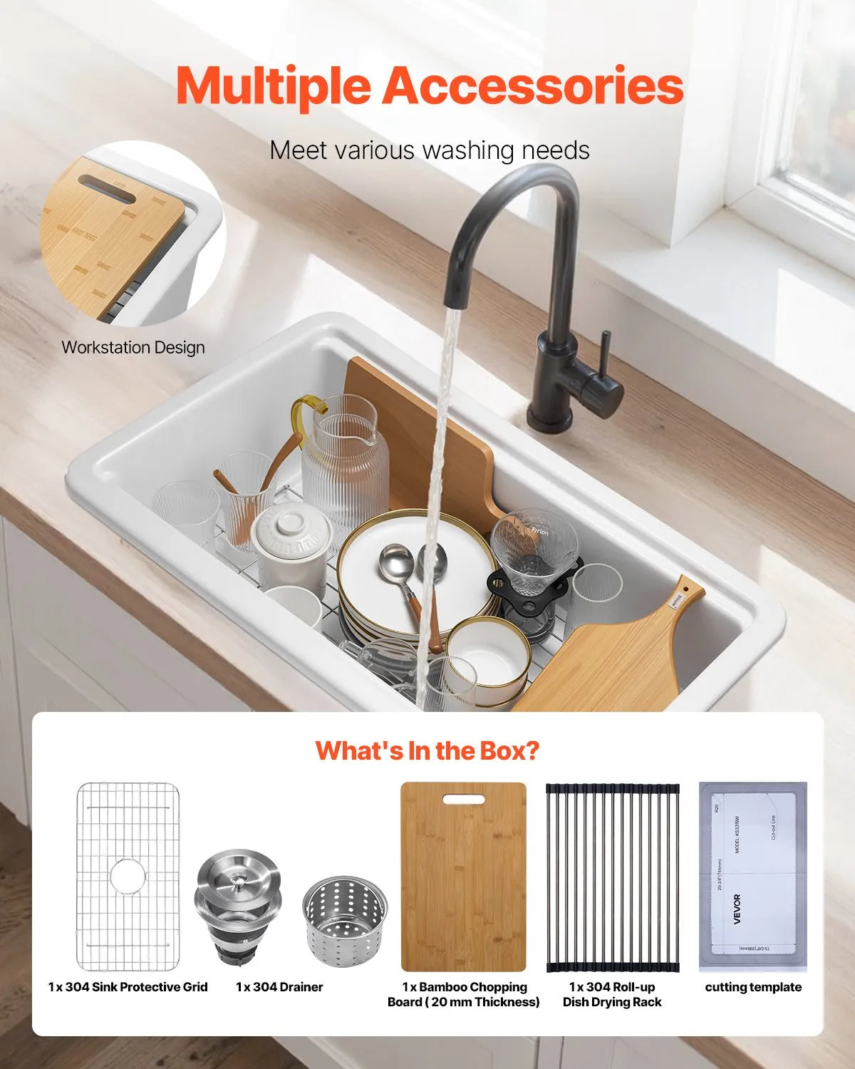 VEVOR 33in Farmhouse Sink Topmount Undermount Kitchen Single Bowl Basin Fireclay