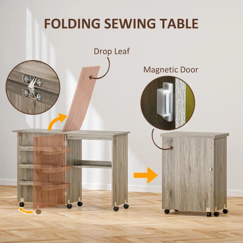 Sewing Machine Cabinet, Folding Sewing Table with Storage Shelf, Bins and Lockable Wheels for Small Space, Grey