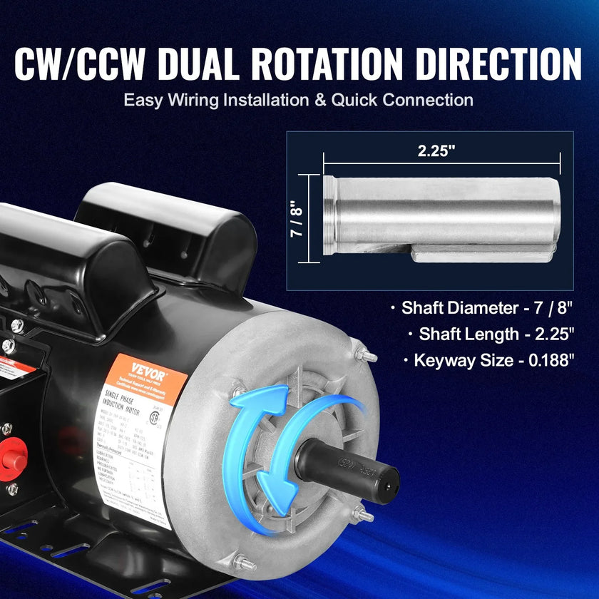 VEVOR 2HP Electric Motor 1725RPM AC115/230V 143/5T Frame 1-Phase 7/8