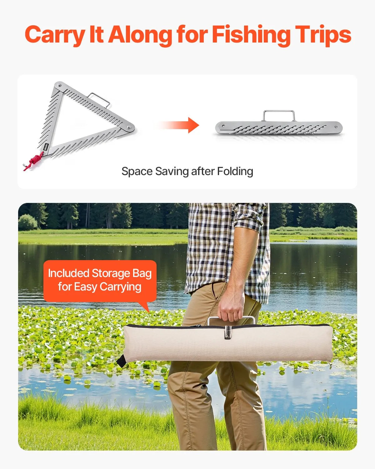 VEVOR 24in Aquatic Weed Rake 3-Sided Foldable Lake Weed Rake Handle 30ft Rope