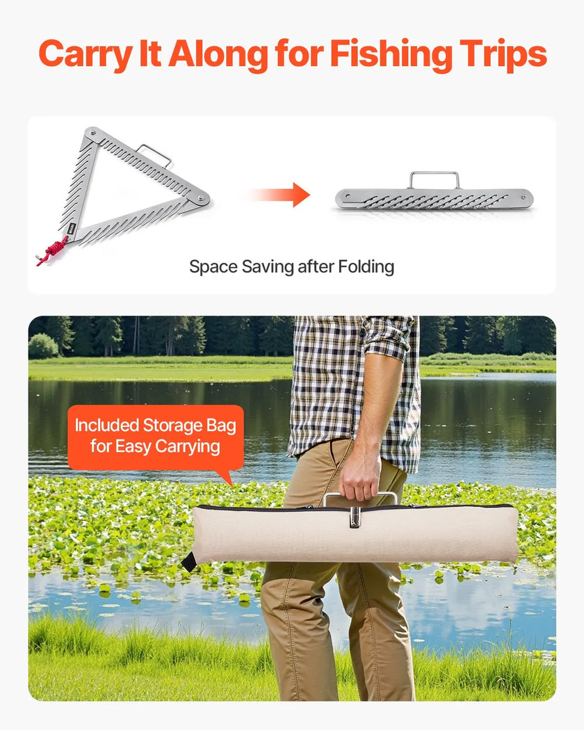 VEVOR 24in Aquatic Weed Rake 3-Sided Foldable Lake Weed Rake Handle 30ft Rope
